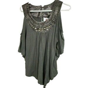 WILSTER Womens BOHO Grunge Top Size Medium Olive Green Cold Shoulder Beaded NWT